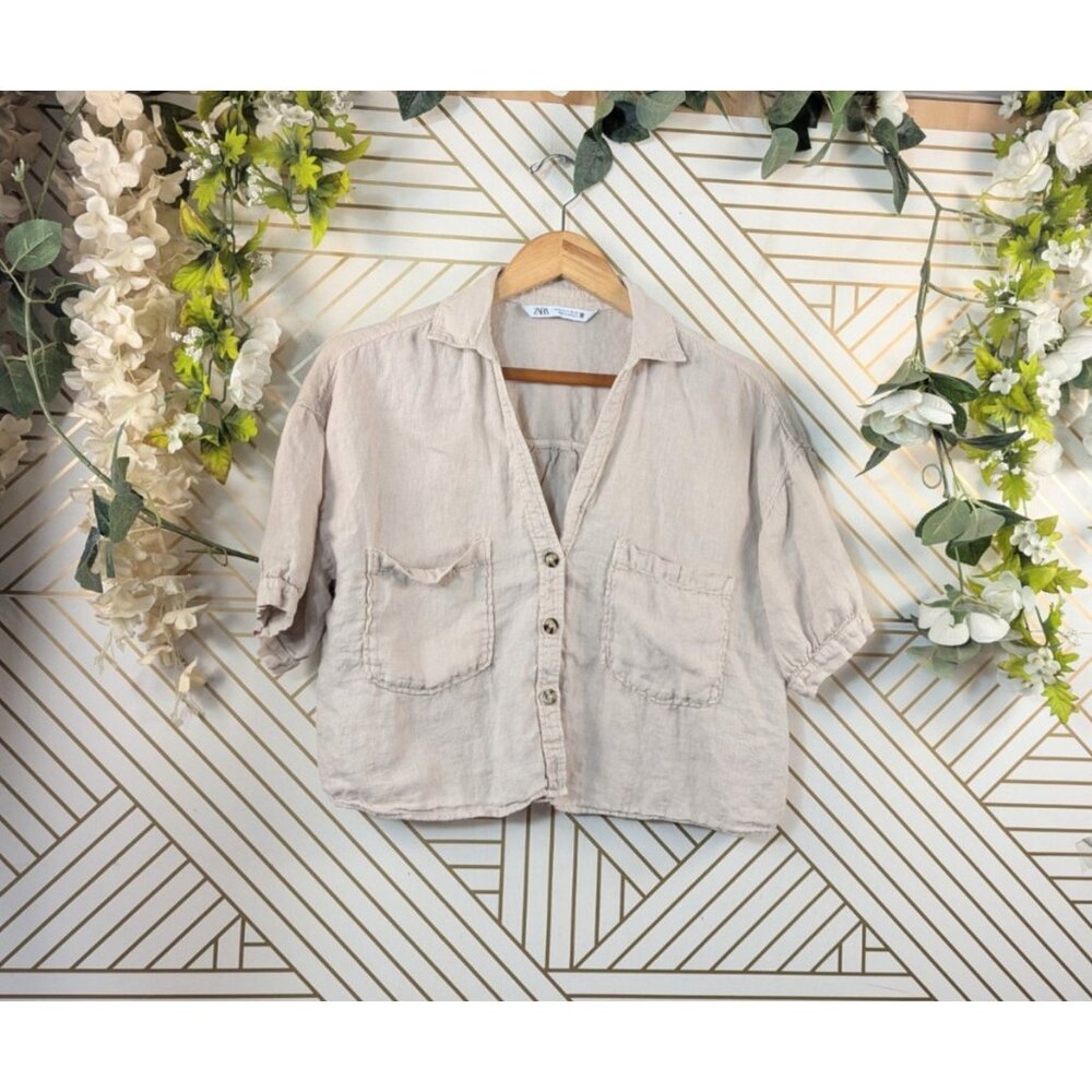 ZARA Women's Tan Linen Button Up Collared Pockets Crop Coastal Boho Size Med